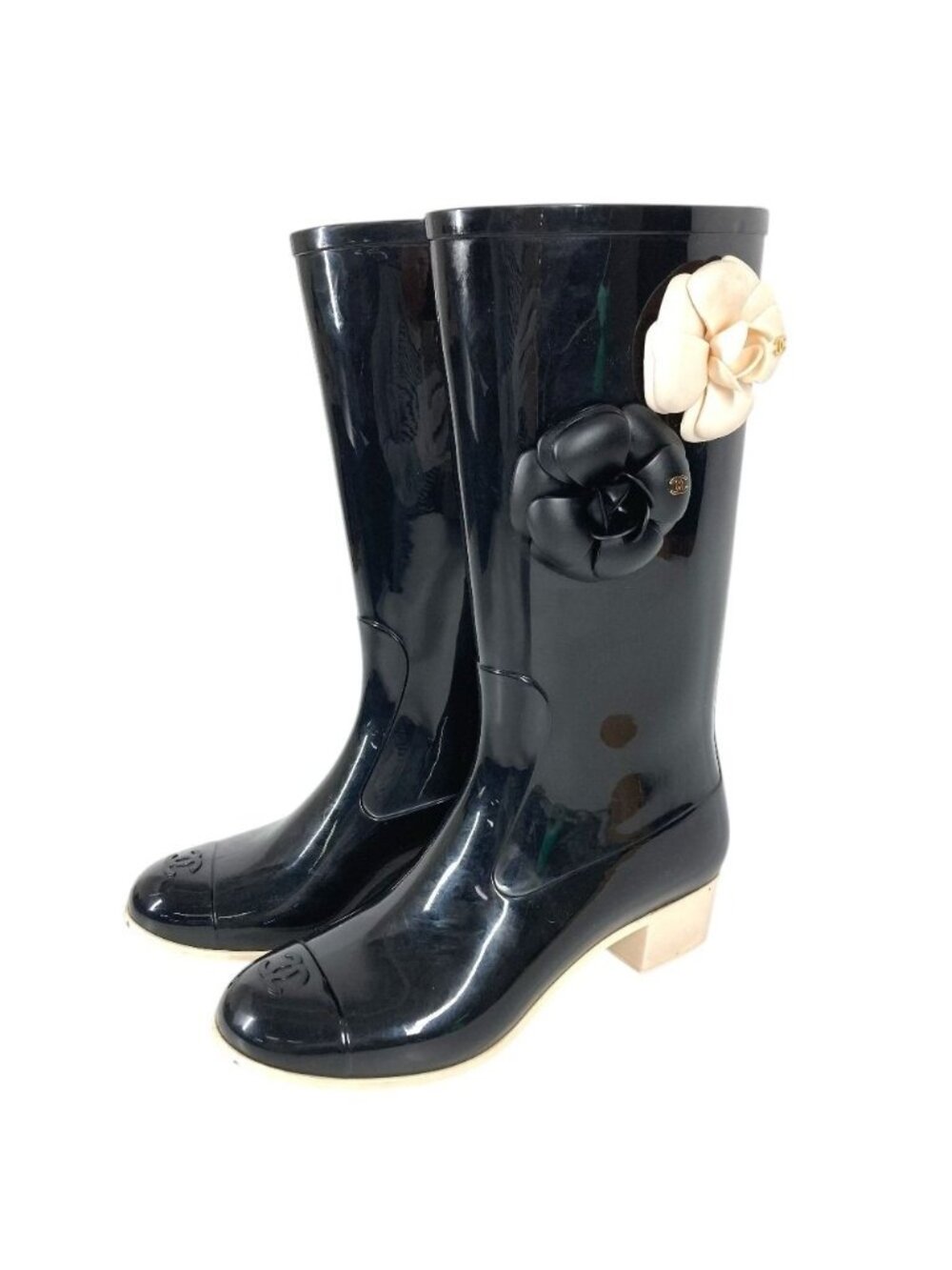 Chanel Rain Shoes Camellia CC Logo Rubber Black